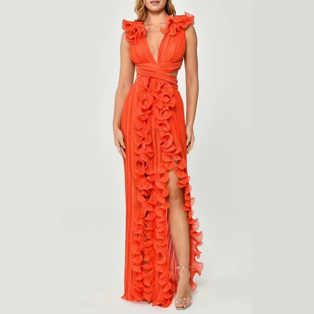 TWOTWINSTYLE Wholesale Hot Sale Top Quality Women's Clothing Petals Solid Holiday V-Neck Slit Elegant Dress Women