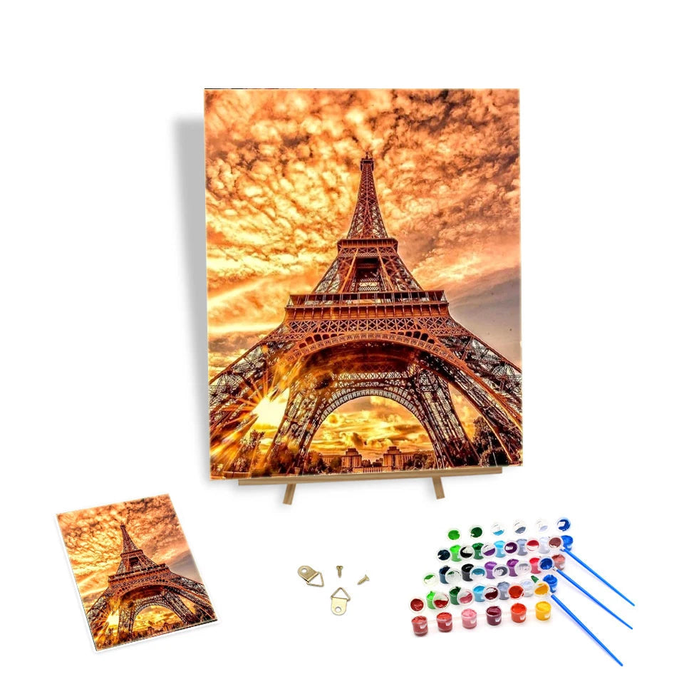 Painting by Numbers Landscape Art Canvas DIY Oil Painting by Numbers Hand Paint by Numbers Paris Tower at Dusk