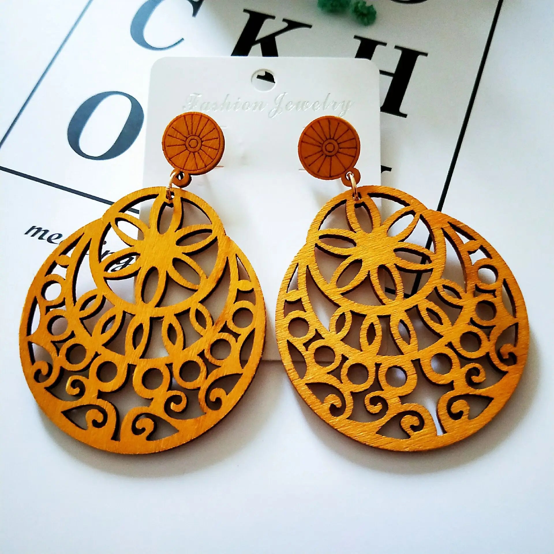 African Afro Jewelry Women Flower Pattern Wood Teardrop Earrings Studs