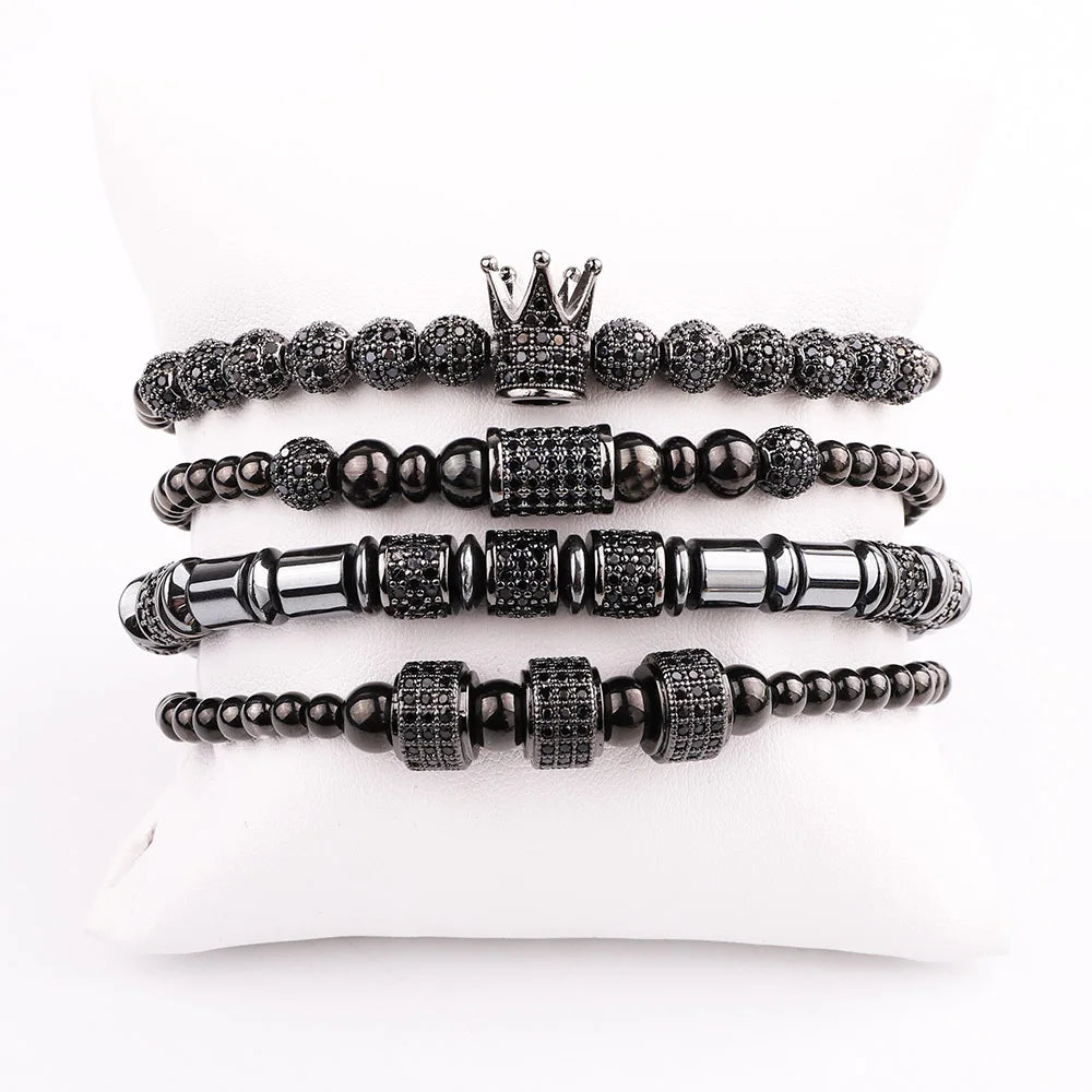 New Design Luxury CZ Pave Ball Crown Men Bracelet Stainless Steel Custom Logo Macrame Bracelet Set Men JBS11650