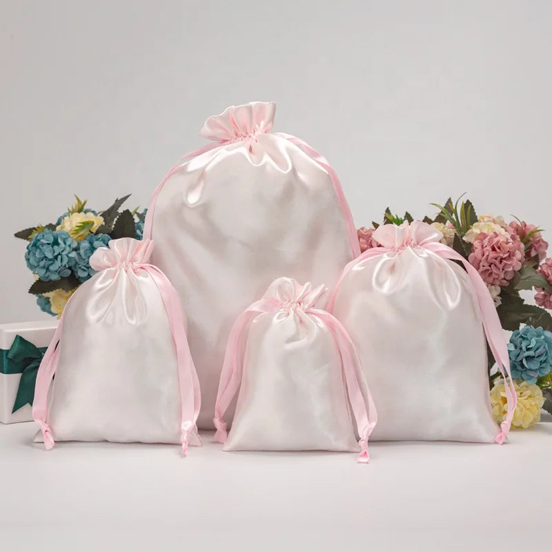 Custom Reusable Luxury Light Pink Satin Packaging Bags Hair Extension Gift Packaging Satin Drawstring Pouch