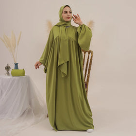Custom Women Summer Abaya Muslim Dress Shiny Crew Neck Ramadan Prayer Dress With Hijab