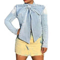 RNSHANGER New Solid Color Denim Shirts Plus Size Women's Top Shirt Casual Slim Design Bowknot Denim Long Sleeve Shirt