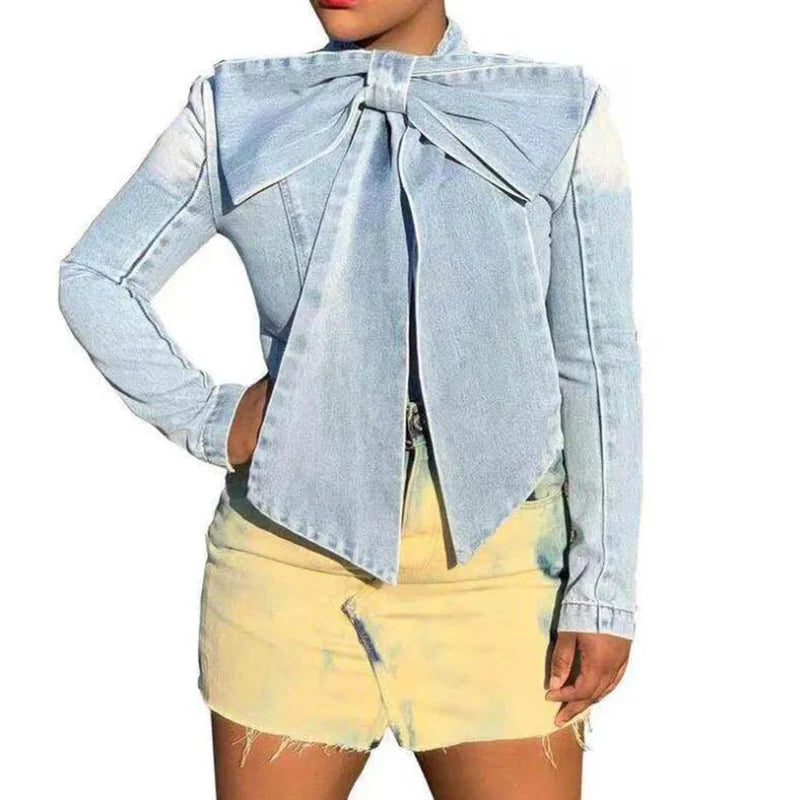 RNSHANGER New Solid Color Denim Shirts Plus Size Women's Top Shirt Casual Slim Design Bowknot Denim Long Sleeve Shirt