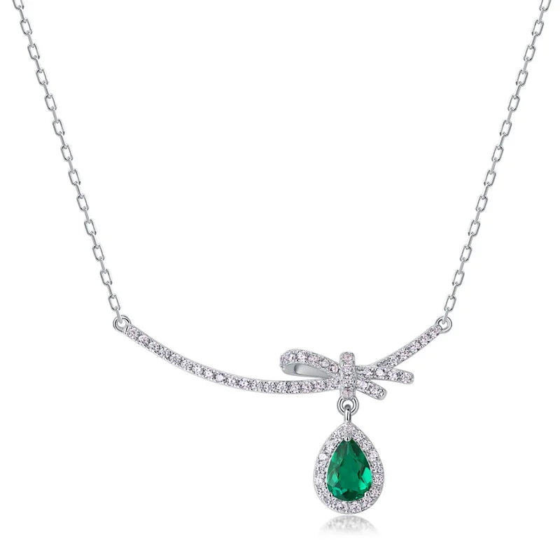 Elegant Design Girls Women S925 Silver Artificial Lab Cultivated Emerald 5A Cubic Zirconia Bow Heart Pendant Necklace