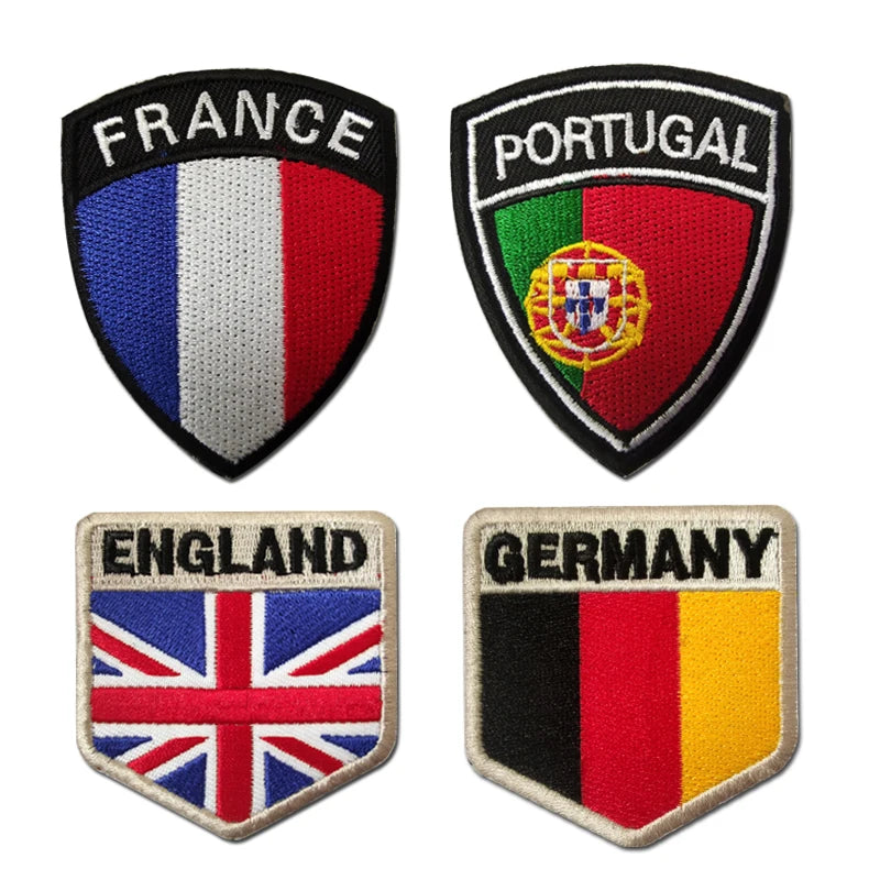 Factory Customized 3D Embroidery Patch National Flags (France/Portugal/Germany/UK) Denim Fabric Hook Loop Custom Logo Heat Cut