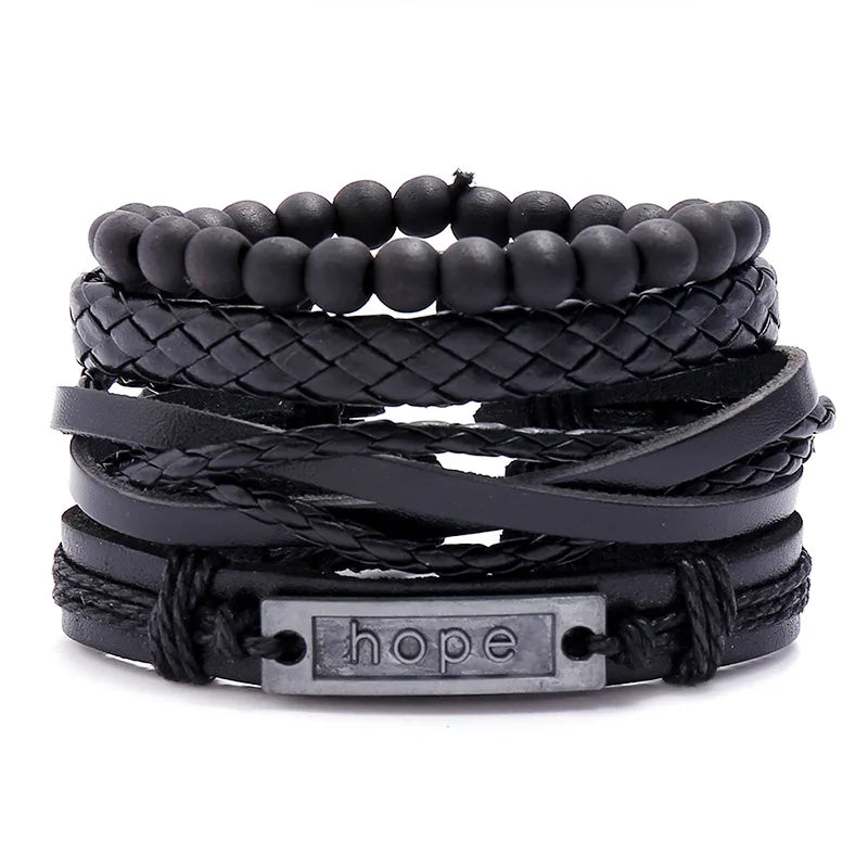 Wholesale Fashion Leather Jewelry Handmade Woven Beaded Bracelets Bangle Hot Selling Letter Bracelet for Men and Women