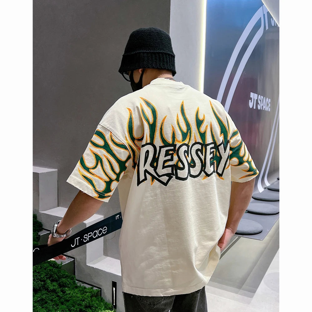 Custom 100% Cotton Flame Graphic Tee Shirt Distressed Screen Printing Plus Size Men's Streetwear Oversize T-Shirts
