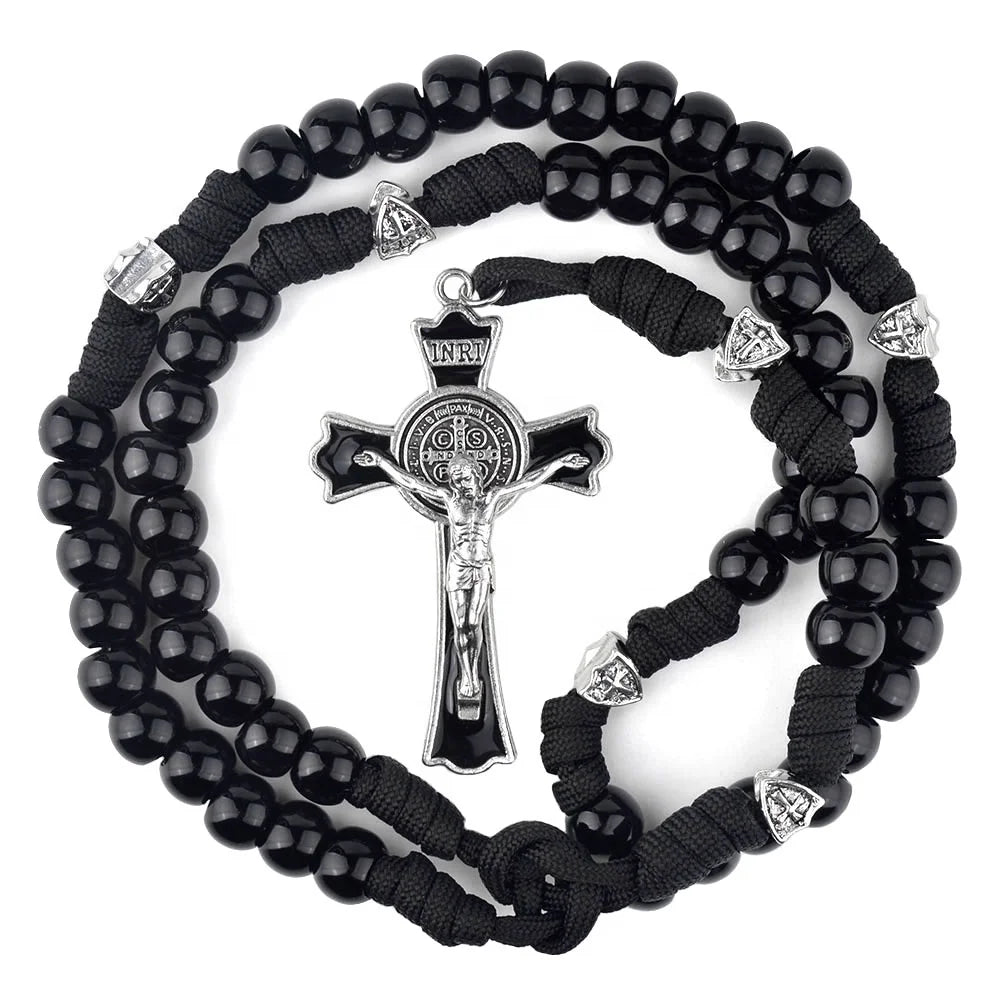 Black Paracord Men Rosaries 12mm Acrylic Beads Cross Necklace for Catholic Rugged Rosary