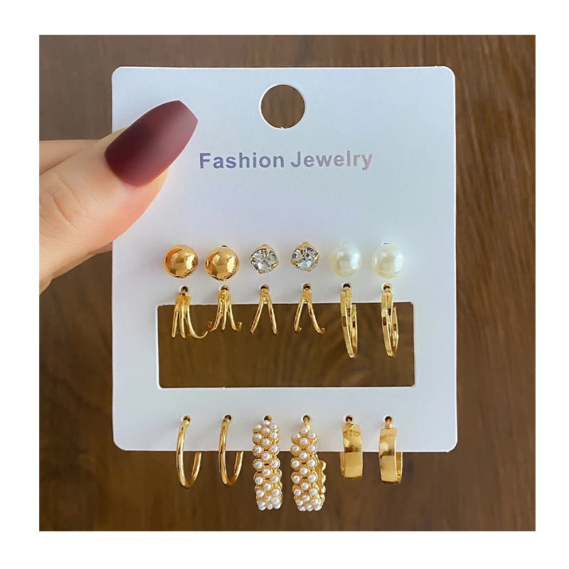 VKME 9Pcs/Set Fashion Pearl Rhinestone Earrings Multi-claw Earrings Set for Women Jewelry Wholesale