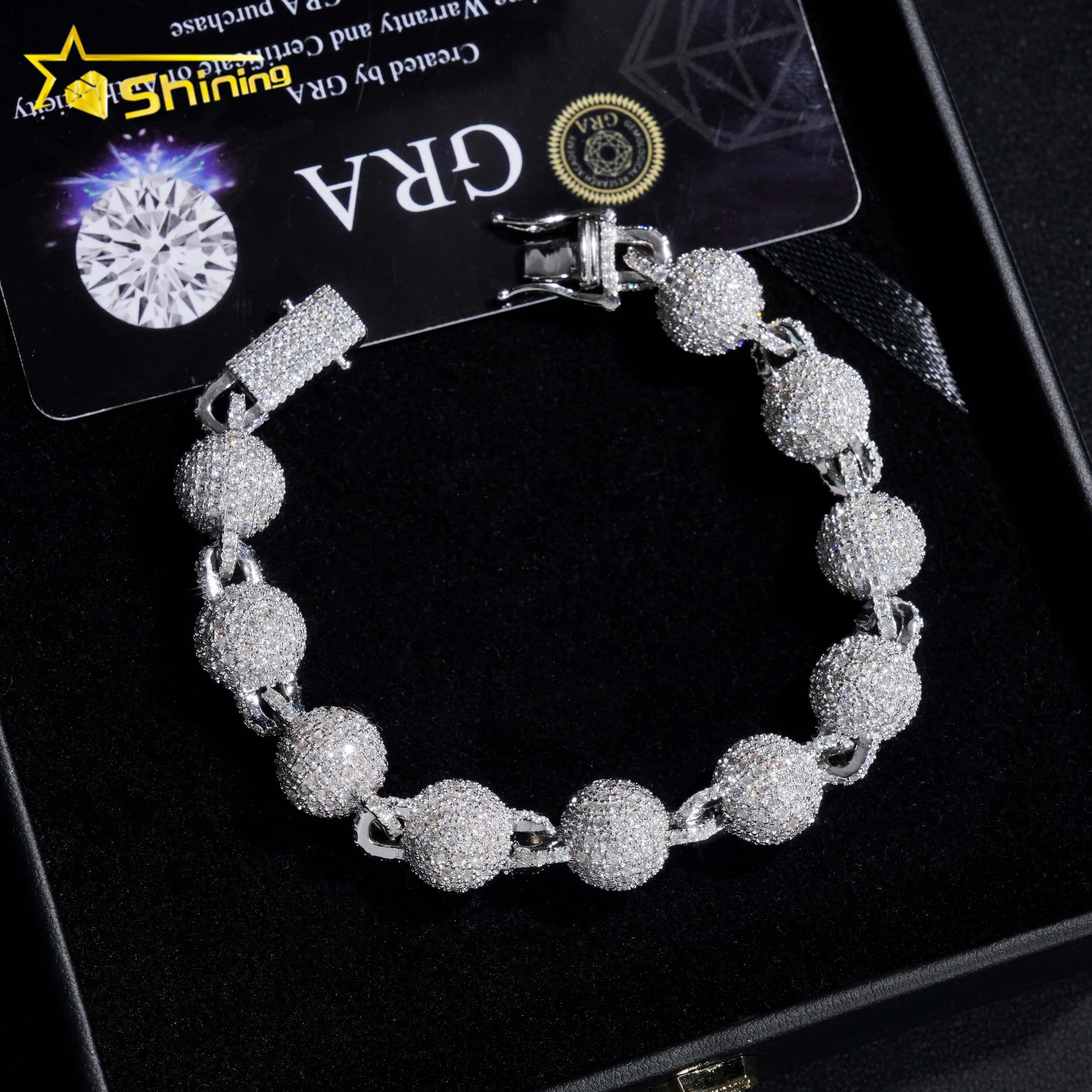 Hip Hop Jewelry 925 Silver Fashion 10MM Iced Out Diamond Moissanite Bead Ball Bracelet