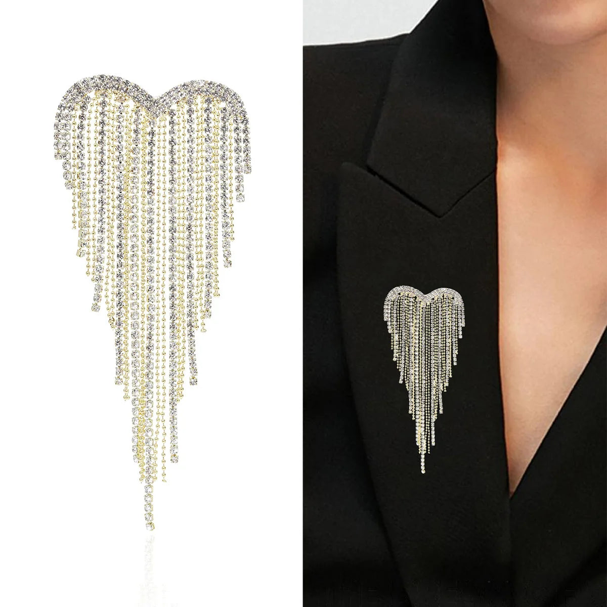Ins Fashion Love Heart Shaped Lapel Pin Shiny Rhinestone Crystal Heart Tassel Brooch Women Jewelry 2025