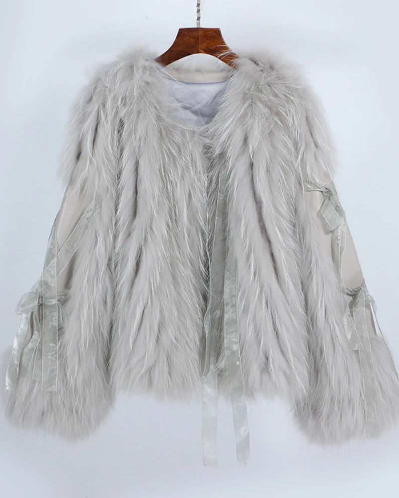 OFTBUY 2023 Women's Casual Autumn Costume Soft Natural Genuine Sheep Leather Jacket Real Fox Fur Stripes Female Outerwear Coat