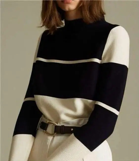 2026 Knitwear Supplier Custom Ladies Merino Wool Cashmere Crewneck Color Blocking Sweater Autumn Knitted Striped Pullover Jumper