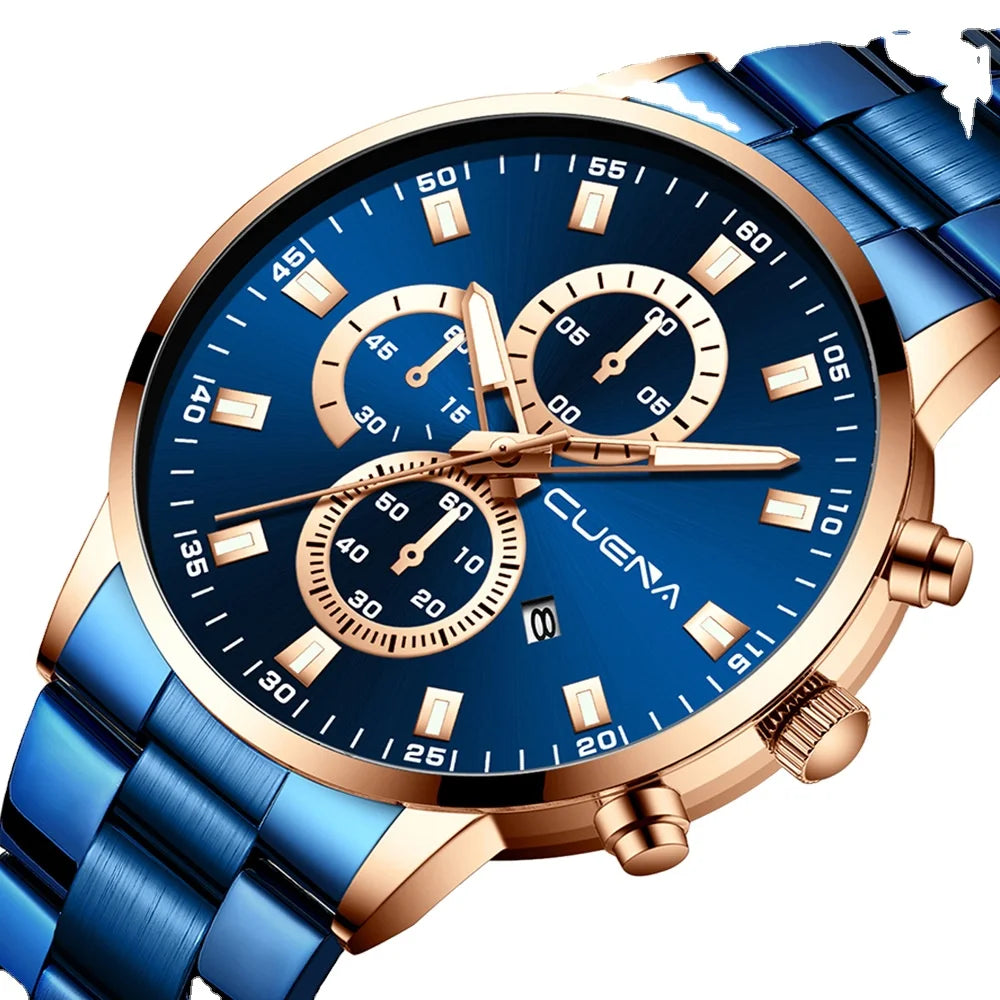 CUENA 889 Men Watch Luxury Fashion Calendar Sports Stainless Steel Strap Casual Quartz Wrist Watch for Men's Montre Homme