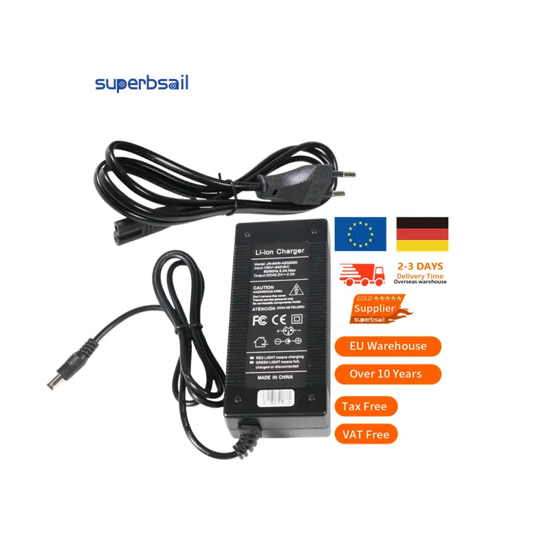 Superbsail 42V 2A Smart Lithium Battery Fast Charger for Electric Scooter DC 5.5 2.1 CE Plug Adapter 10 Series Durable
