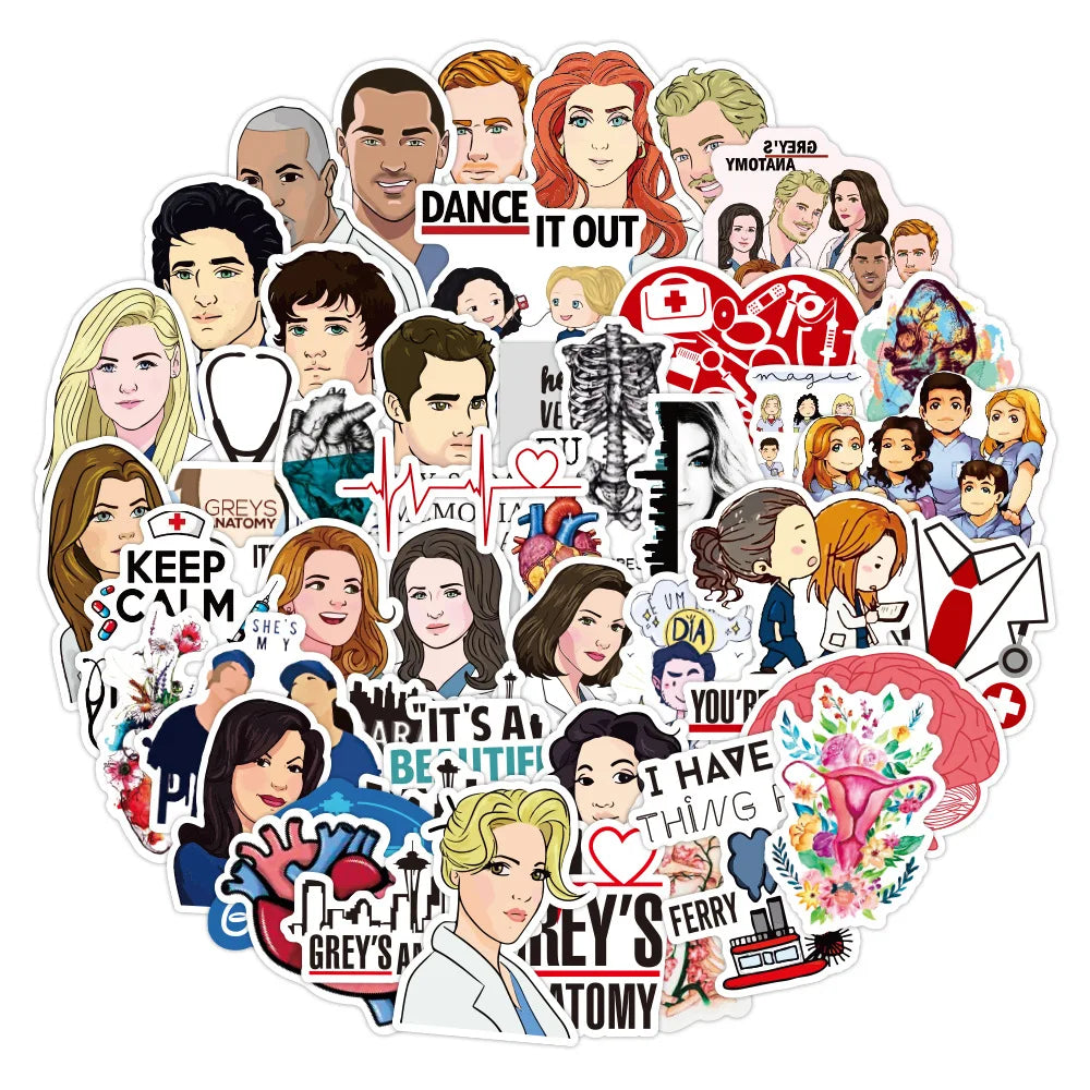 50Pcs Classic TV Show Greys Anatomy Cartoon Graffiti Stickers for Car Laptop Scooter PVC Vinyl Doctor Sticker