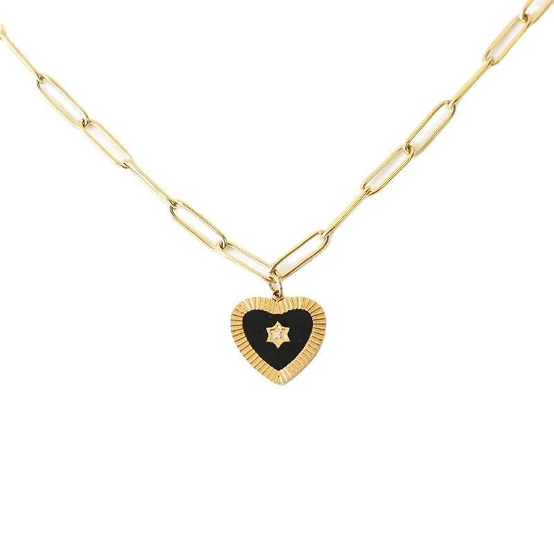 MICCI Wholesale Custom 18K Gold Plated Stainless Steel Clip Chain Link Black Enamel Heart Charm Pendant Necklace