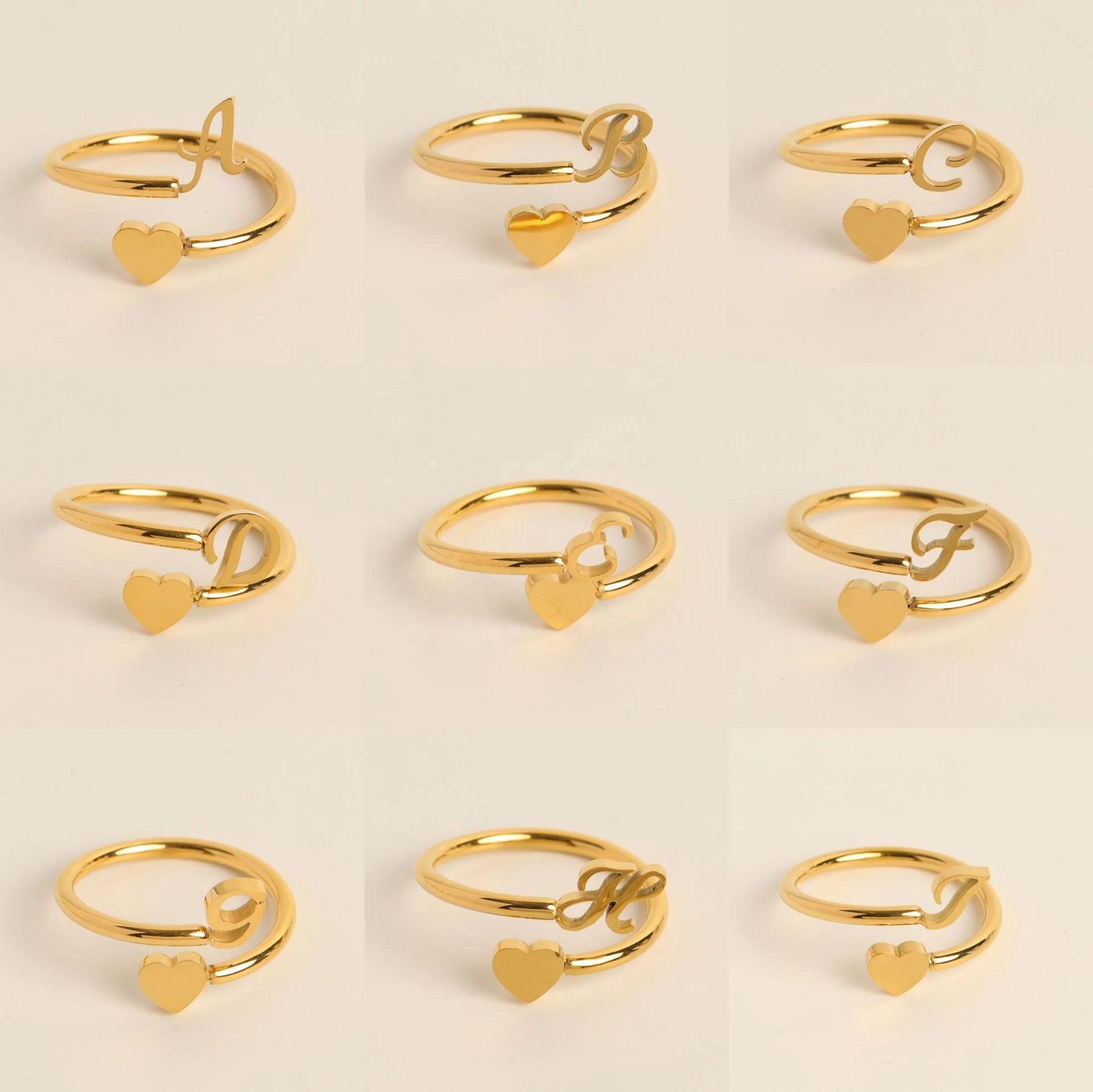 Cute Gold Plated Initial Stackable Rings Opening Adjustable Ring Heart Alphabet A-Z Letter Rings for Teen Girls