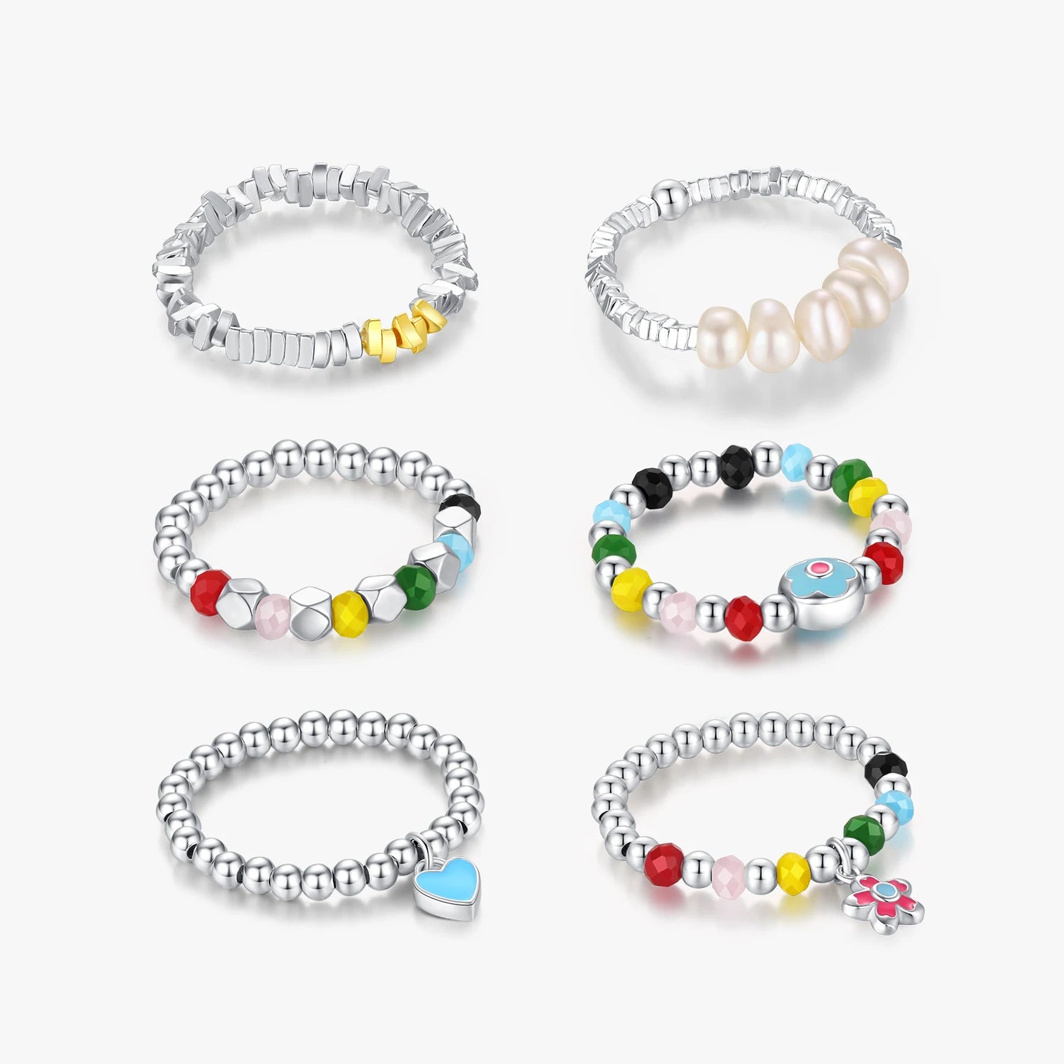 Trendy Stackable Fine Jewelry for Women 925 Sterling Silver Rainbow Colorful Crystal Beads Adjustable Finger Ring
