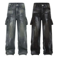 Hot Sale Cargo Multi-Pocket Design Loose Straight Trousers Vintage Printed Jeans Baggy Stonewashed Patchwork Light Denim
