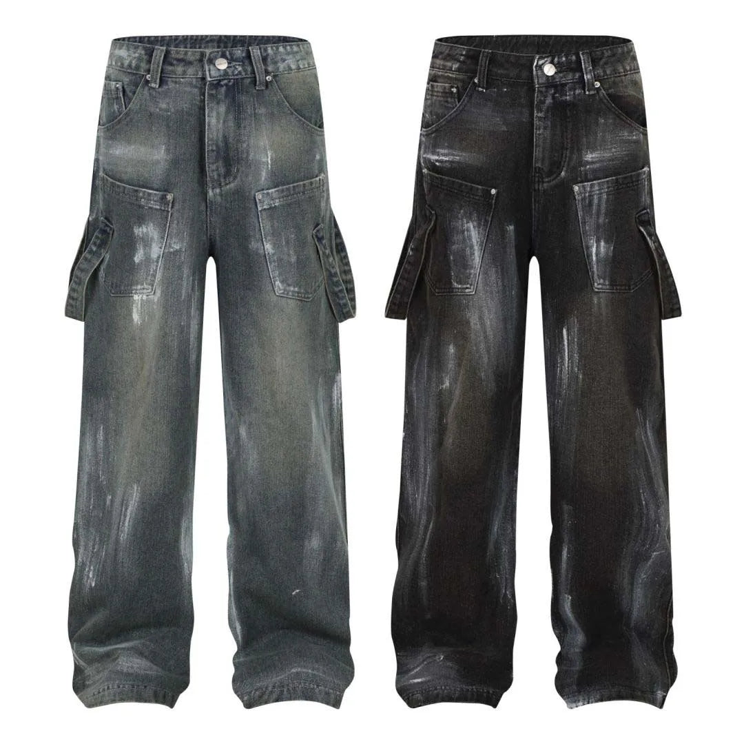 Hot Sale Cargo Multi-Pocket Design Loose Straight Trousers Vintage Printed Jeans Baggy Stonewashed Patchwork Light Denim