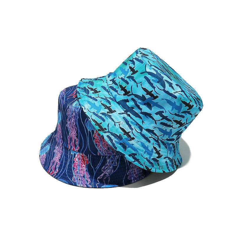 Landfond Men Women Double Sides Vintage Animal Dinosaur Print Panama Fisherman Hats Cartoon Bucket Hat