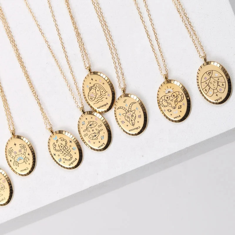 Wholesale 12 Astrology Horoscope Star Jewelry 18K Gold Plated Stainless Steel Oval Zodiac Sign Pendant Necklace
