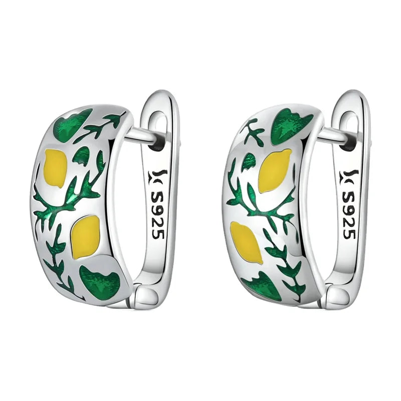 Jiangyuan Earrings Women Silver Fine Jewelry 925 Sterling Silver Lemon and Leaf Hoop Silver Earrings for Women Wholesale
