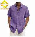 Custom Button Shirt Solid Short Sleeve Breathable Imitate  Linen Shirt Plus Size Loose Shirt for Men