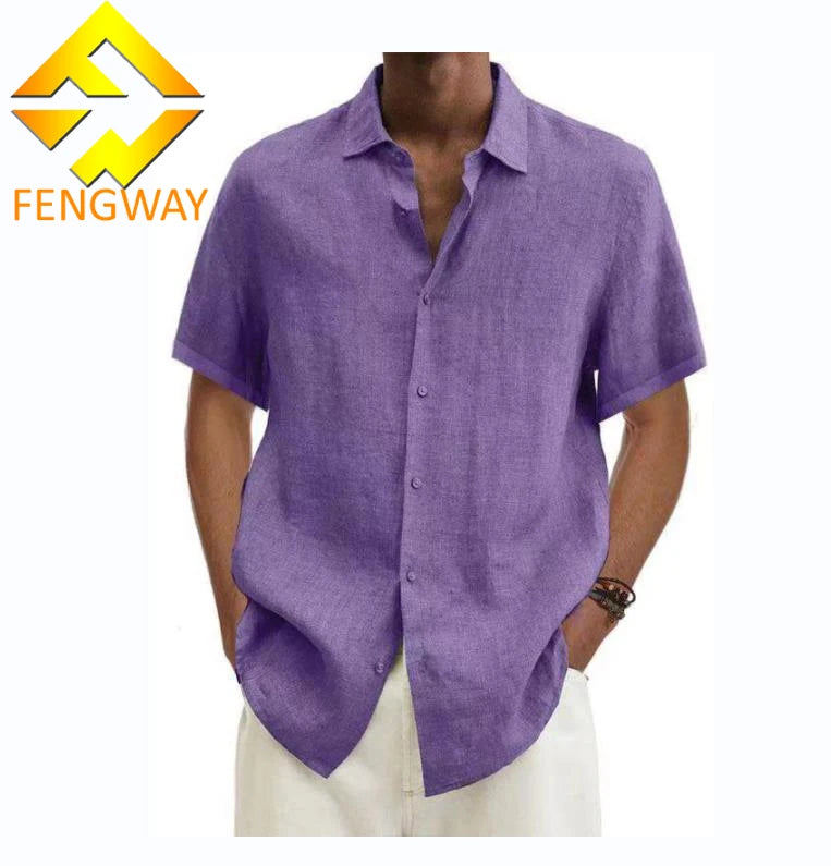 Custom Button Shirt Solid Short Sleeve Breathable Imitate  Linen Shirt Plus Size Loose Shirt for Men