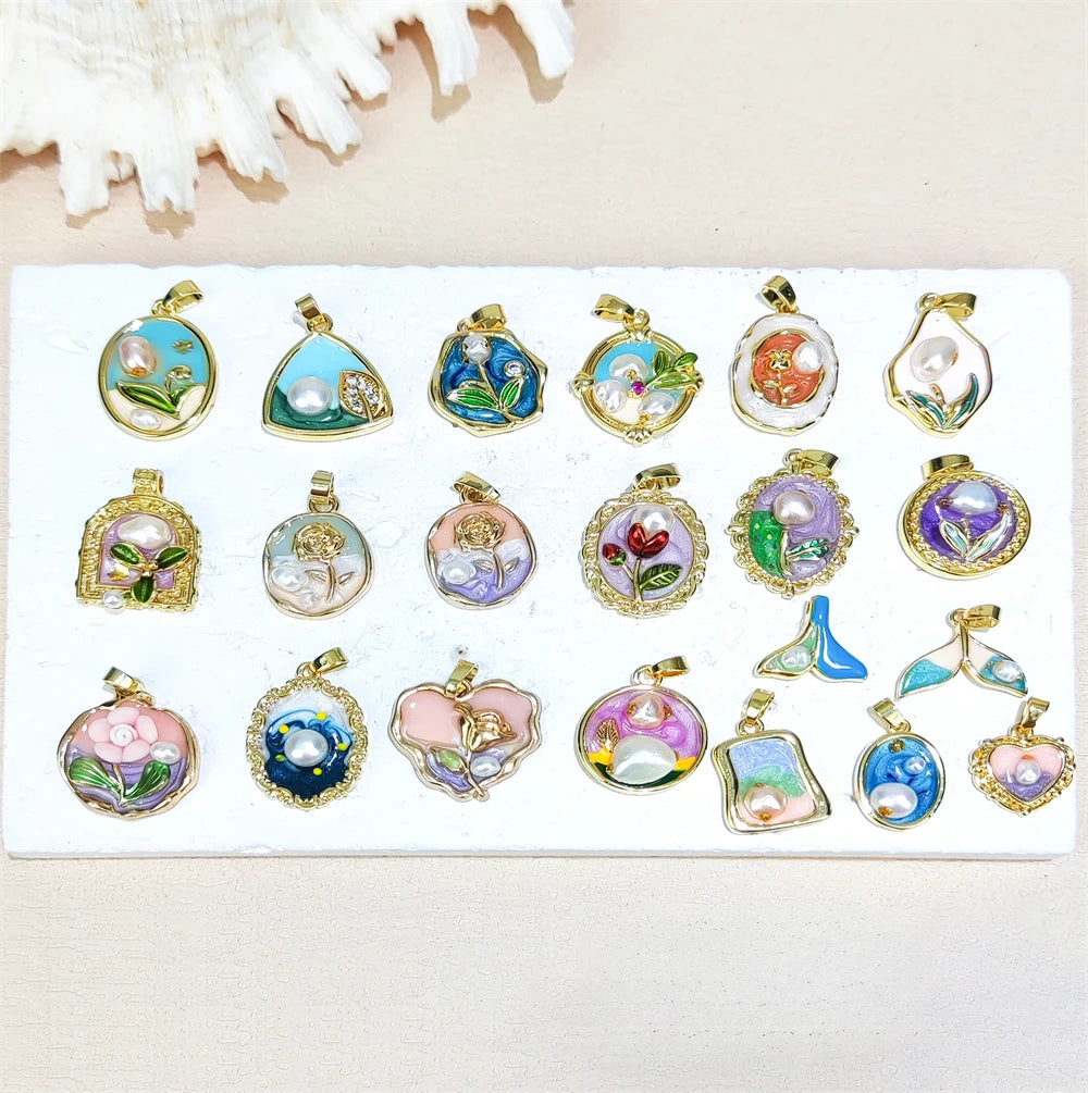 French Style Monet Garden Charms Enamel Oil Painting Pendant with Freshwater Pearl Bezel Setting Fish Tail Women's Gift