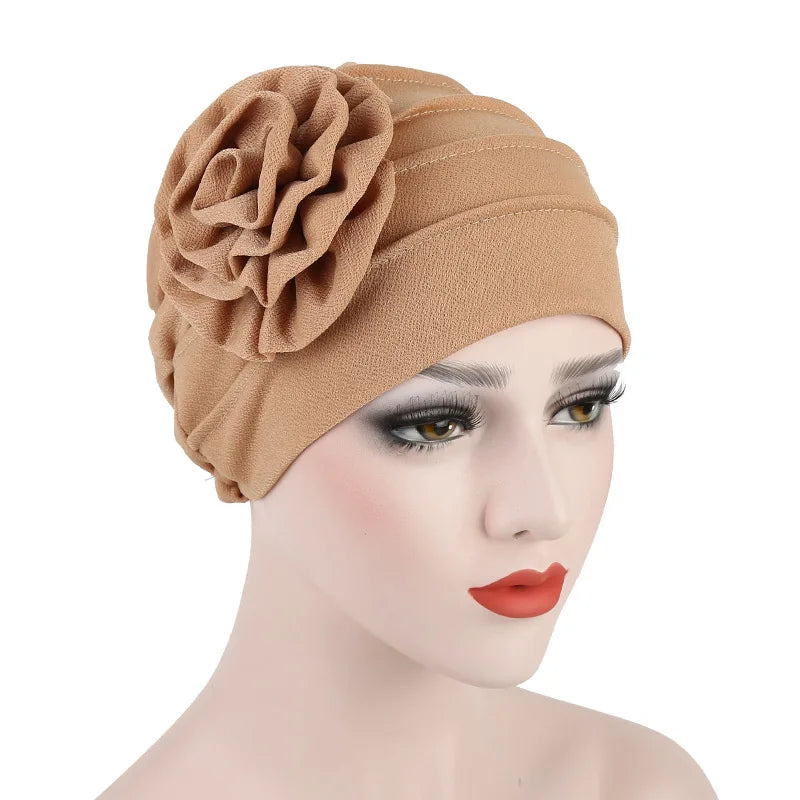 New Fashion Women's Solid Color Cotton Beanie Hat Space Flower Turban Head Wrap Bonnet Casual Style Muslim India Ruffle Turban