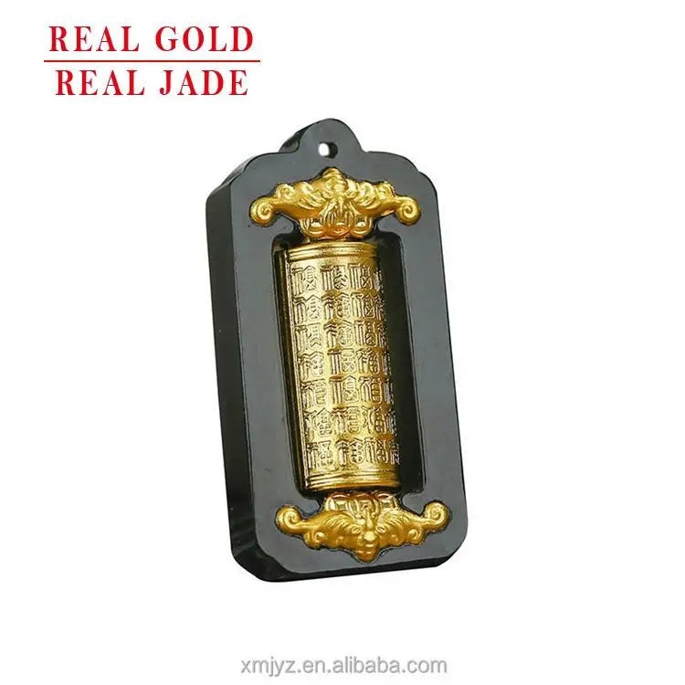 Certified Gold Inlaid Jade Pendant Ink Jade Pure Gold Transfer Tube Rotating Ink Jade Hundred Blessing Factory Direct Sales