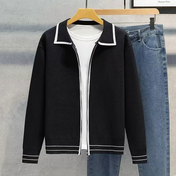 Autumn and Winter Color Blocking Double Zip Slim Knitwear Trend Turn-down Neck Knit Cardigan Knitted Cardigan Sweater for Men