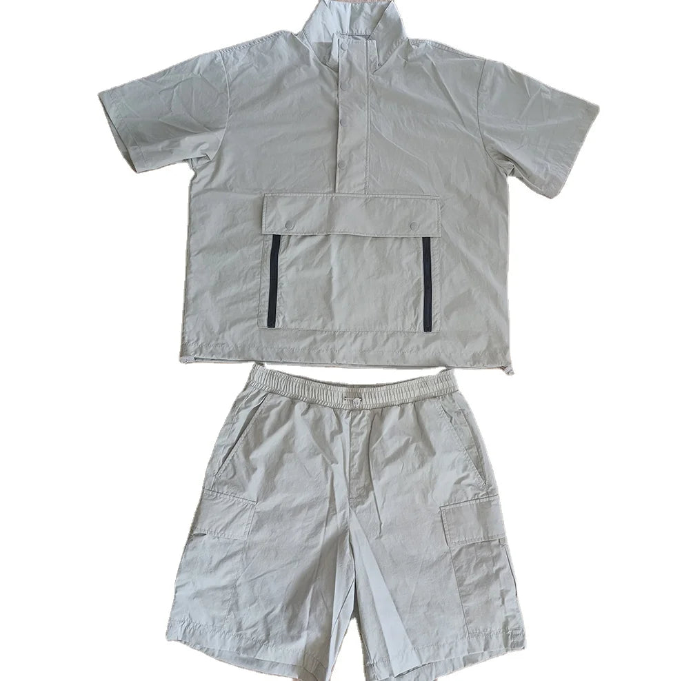 Men Fashion Pullover Blank Shirt Pocket Two Piece Mens Summer Blank Short  Windbreaker Sets Shirt and Cargo Shorts for Men