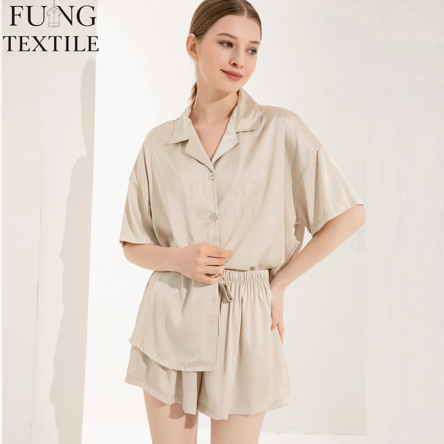 FUNG 6035 Women Summer Short Loose Breathable Eco-Friendly Sleepwear Pajamas Set