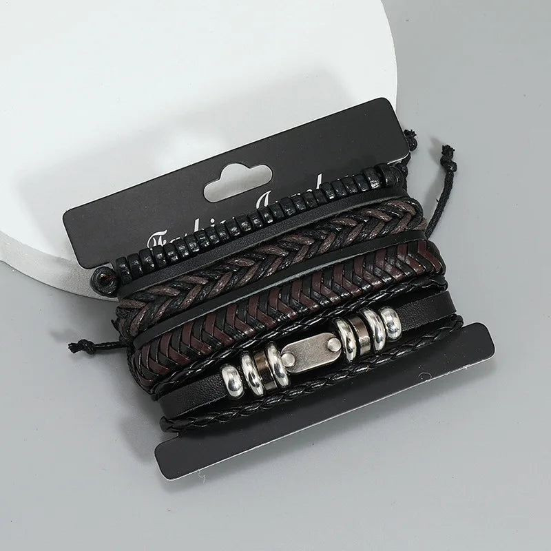 4pcs/set Wholesale Braided Leather Mens Bracelet Rope Adjustable Cuff Bracelet Jewelry Black Plated