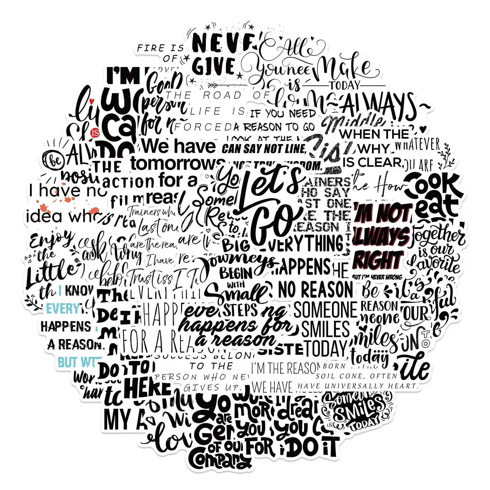 50pcs  Black and White Inspirational Text Stickers for Personality Decoration Suitcase Notebook Waterproof PVCguitar Removable