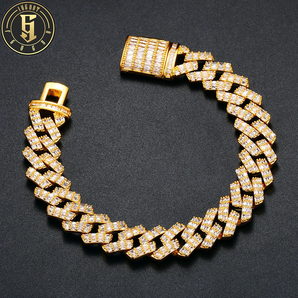 Wholesale Hip Hop Jewelry 14mm Gold Plated Brass Baguette AAAAA CZ Diamond Personalized Cuban Bracelet for Men
