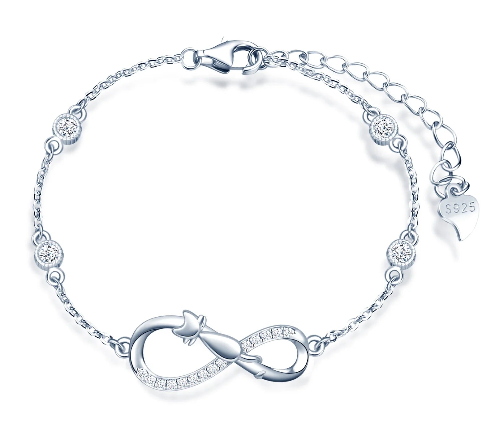 Stone Set Cat Infinity Symbol Sterling Silver Bracelet