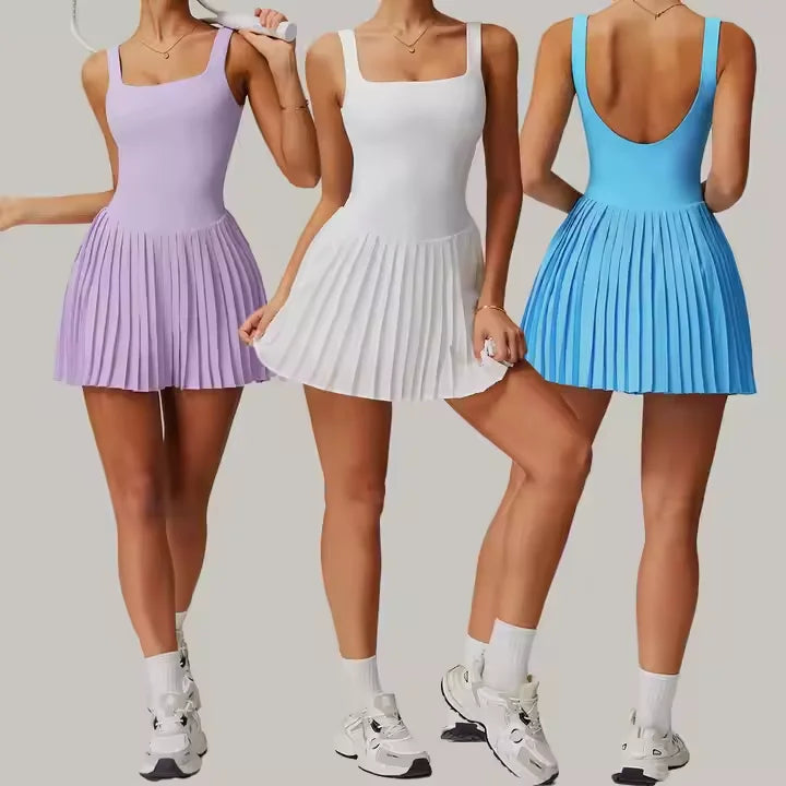 Bnice Women Tennis Skirt Set Square Neck Backless Pleated Dress for Fitness Gym Wear Golf Skirt Sports Tennis Wear