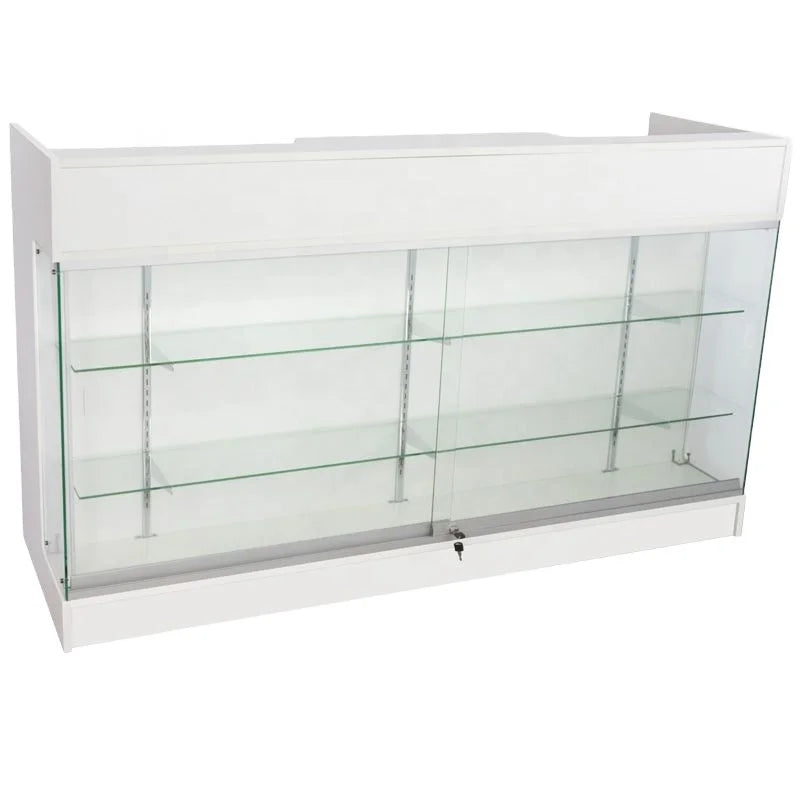 Economic Heavy Duty Durable MDF & Glass Wooden Checkout Counter with LED Lighting and Ledge Top for Retail Shop Display