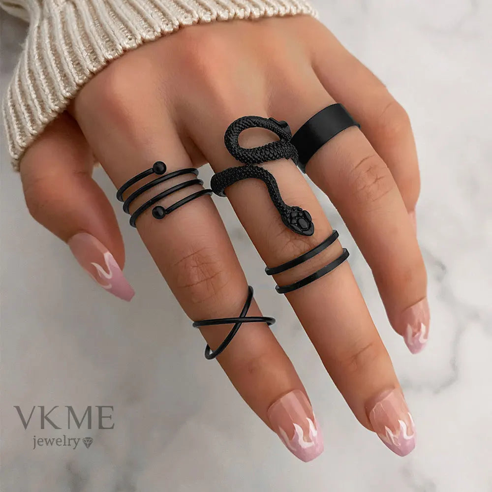 VKME New Punk Jewelry Black Metal Snake Ring Set for Women Jewelry Gift