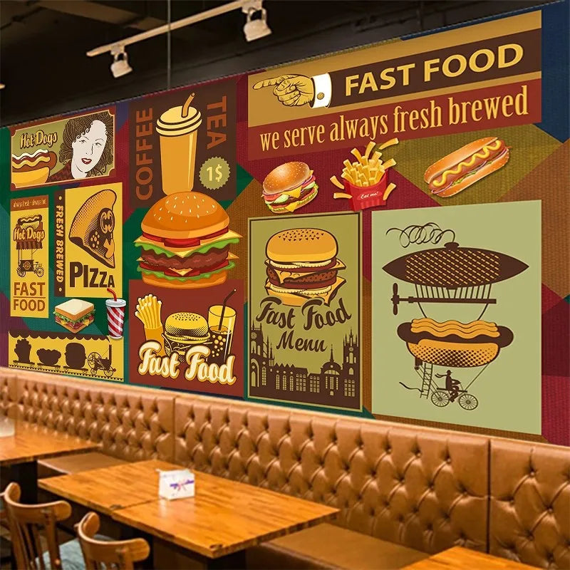 3D European Floral Design Wallpaper for Fast Food Restaurants Fried Chicken Burger Mural Simple Meal Background Wall Decoration