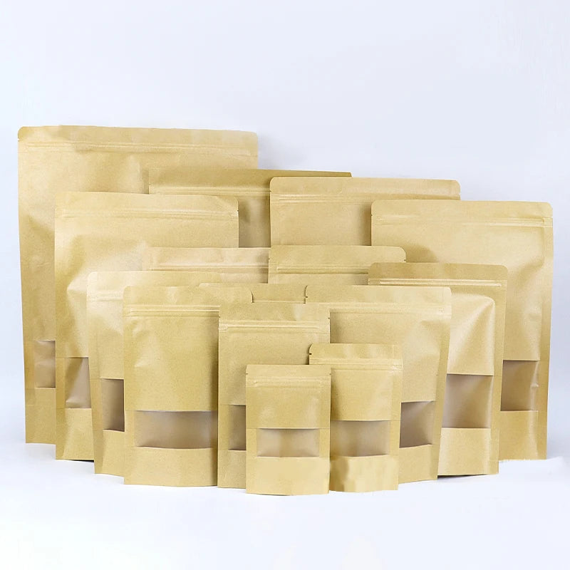 Custom Resealable Ziplock Stand up Pouch Clear Window Tea Coffee Snack Packaging Food Kraft Paper PLA PBAT Bag