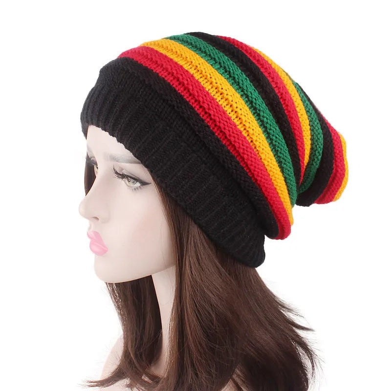 Fashion Jamaica Style Knit Beanie Cap Outdoor Winter Warm Stripe Slouchy Knitting Beanie Hat