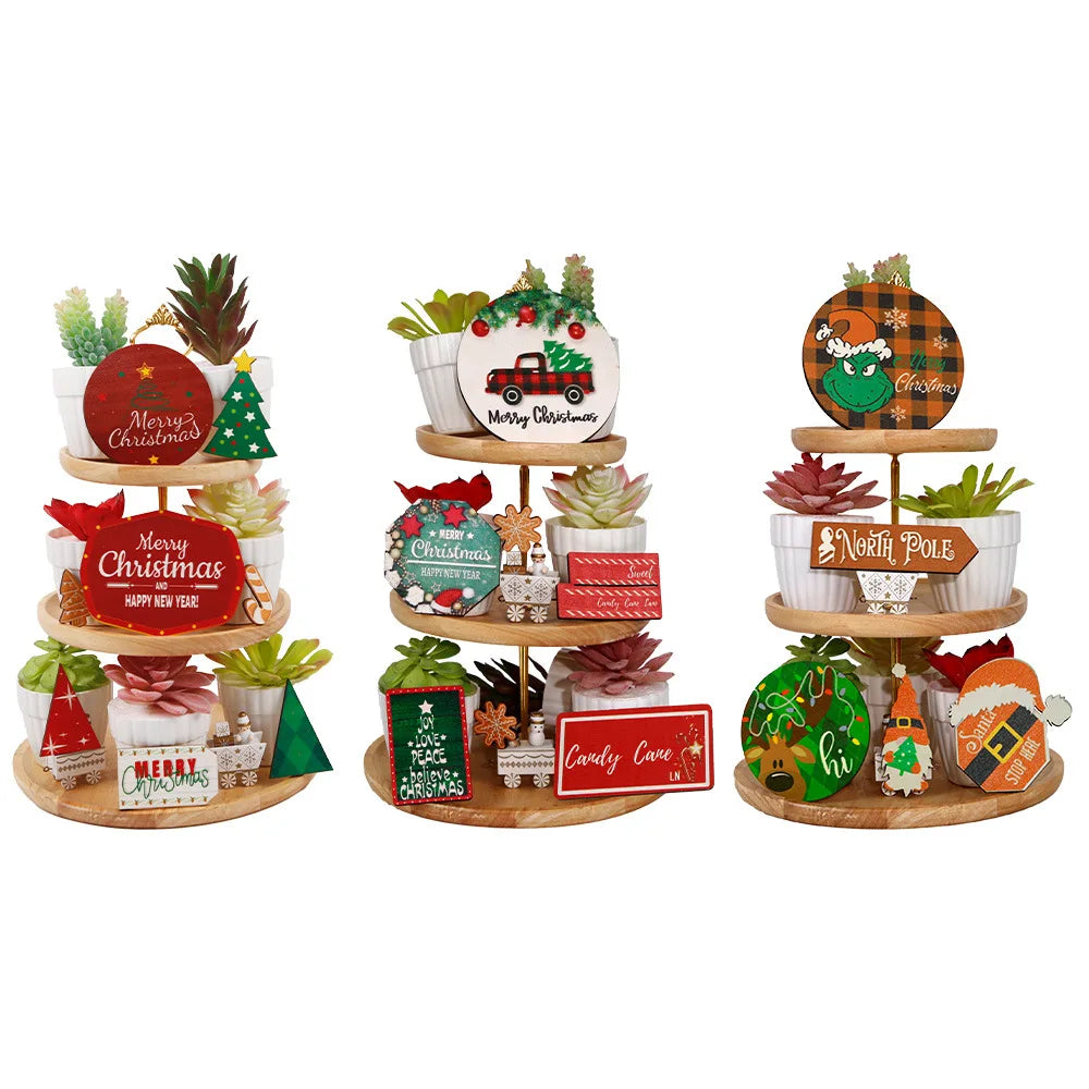 AYOYO Christmas Layered Tray Wooden Decoration Christmas Party Decoration Wooden Tabletop Decoration