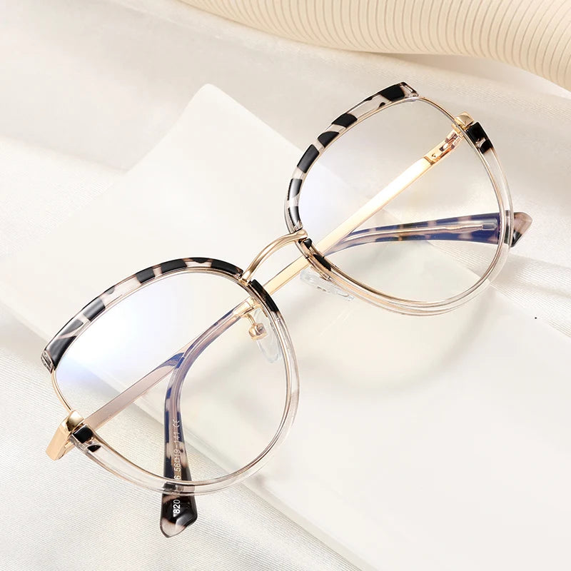 82010 Women Style Computer Eyeglasses Round Cat Eye Optical Blue Light Blocking Glasses Frame Big Frame Polygonal Metal Glasses