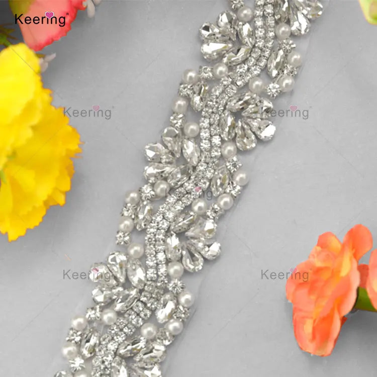 Wholesale Wedding Dress Sash Belt Bridal Rhinestone and Pearl Applique Trimming WRA-571
